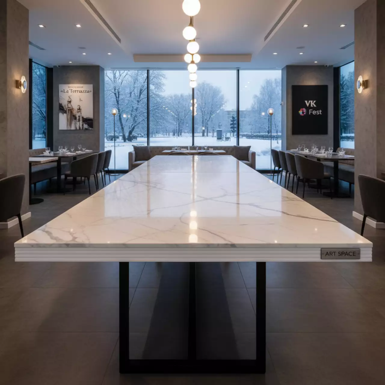 Аренда Стол Лидер 1 1200х600 под мрамор белый кромка ПВХ в ресторане «La Terrazza» — ART SPACE