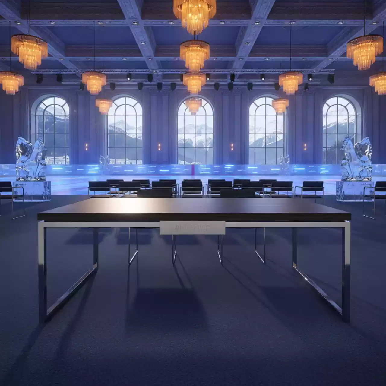 Аренда Стол Лидер 1 1200х600 венге серебро кромка ПВХ без отбойников в ледовом дворце «Роза Хутор» — ART SPACE