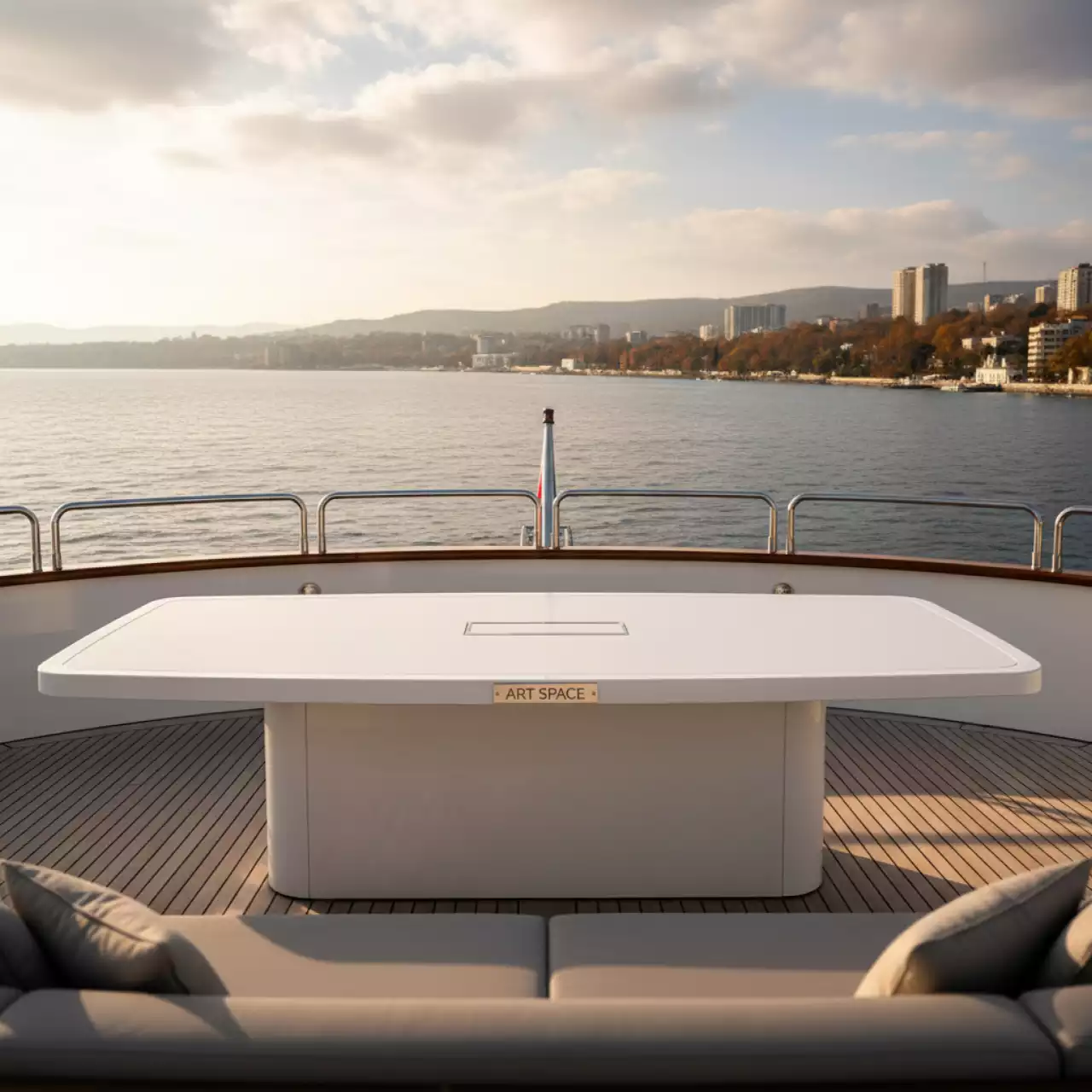 Аренда Стол Лидер 1 белый шампань кромка ПВХ 1500х900 на VIP теплоходе (Морпорт Сочи) — ART SPACE