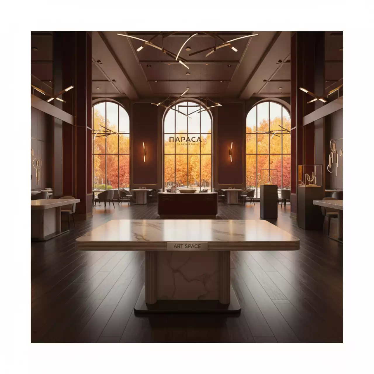 Аренда Стол Лидер 1 под мрамор белый кромка ПВХ 1200х600 в ресторане «Паруса» — ART SPACE