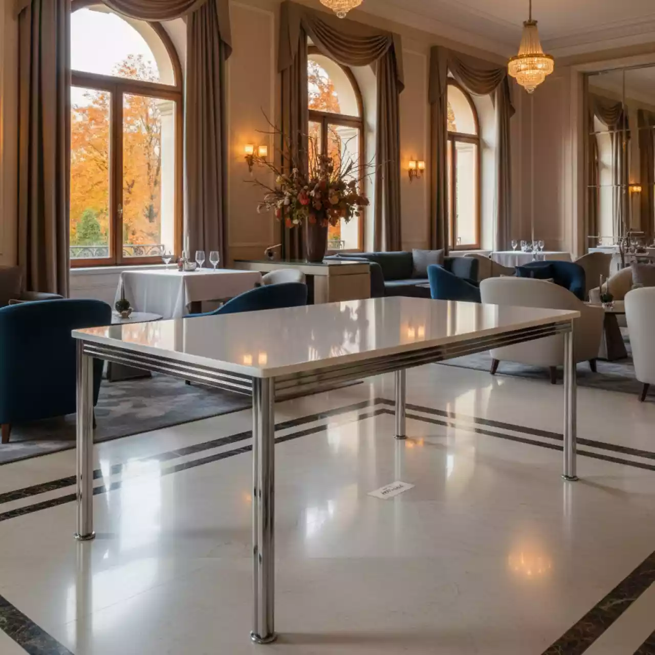 Аренда Стол Лидер 1 регулировка ножек 900х600 белый серебро в Rodina Grand Hotel & SPA — ART SPACE