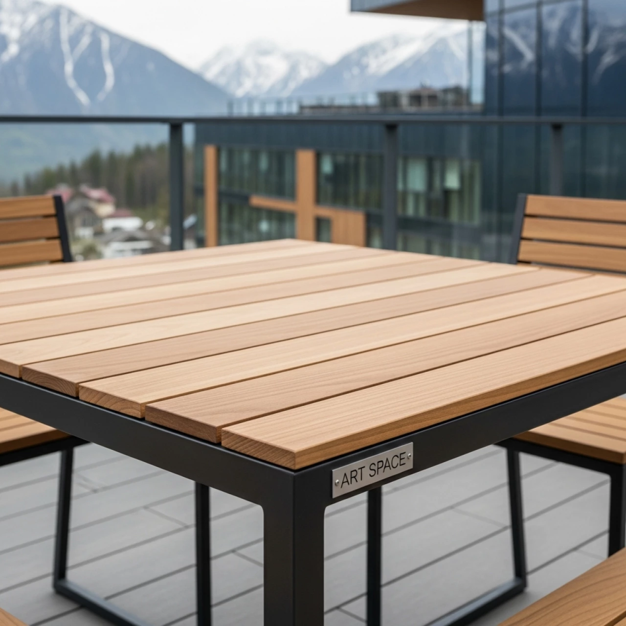 Аренда Стол Лидер 21 уличный из реек светлый орех черный каркас 800х800 в Golden Tulip Rosa Khutor — ART SPACE