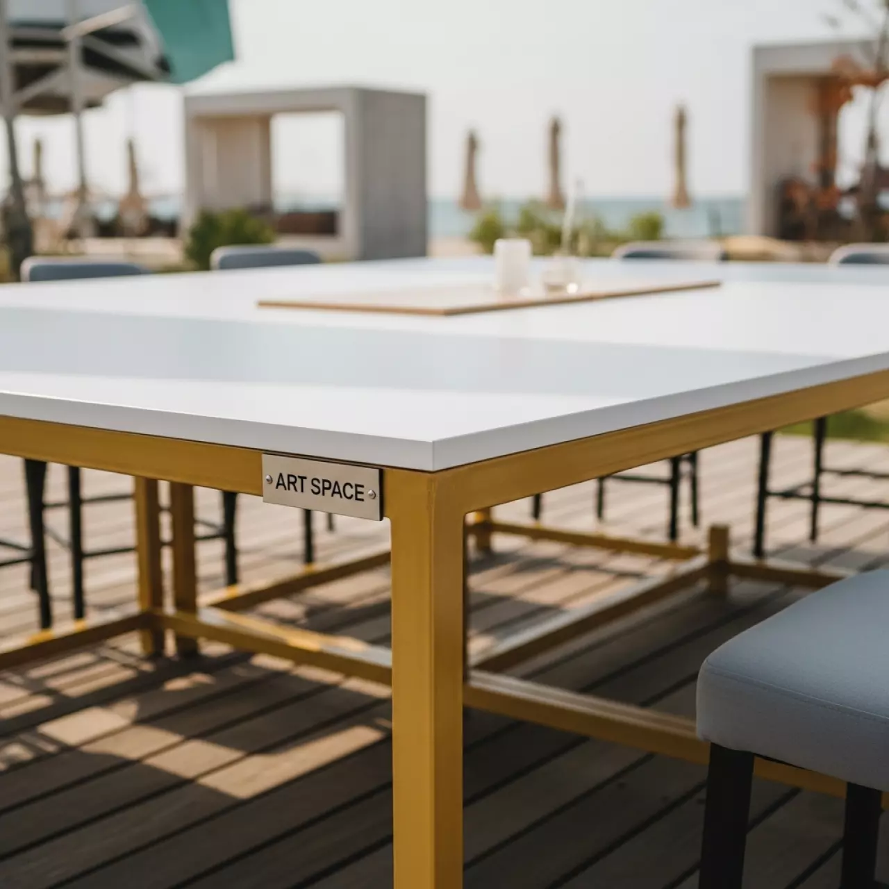 Аренда Стол Лидер 2 белый золотой 2700х900 в пляжном комплексе VinoGrad — ART SPACE