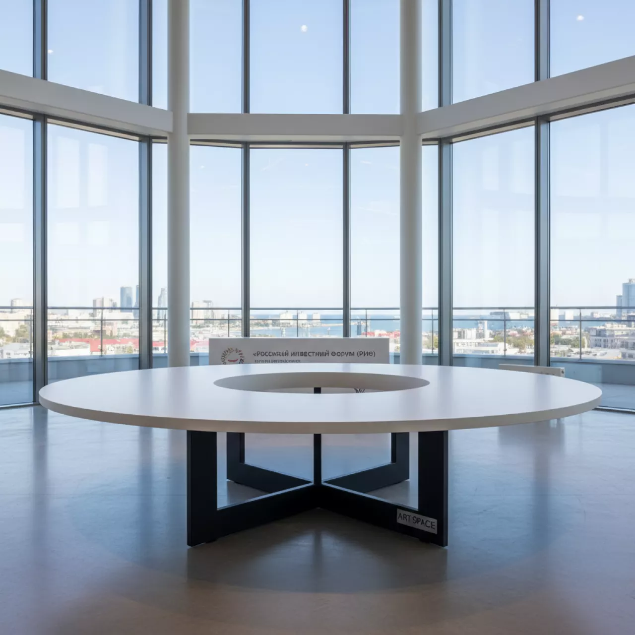 Аренда Стол Лидер 3 диаметр 1800 мм белый черный в зале «Чайка» (Морпорт) — ART SPACE