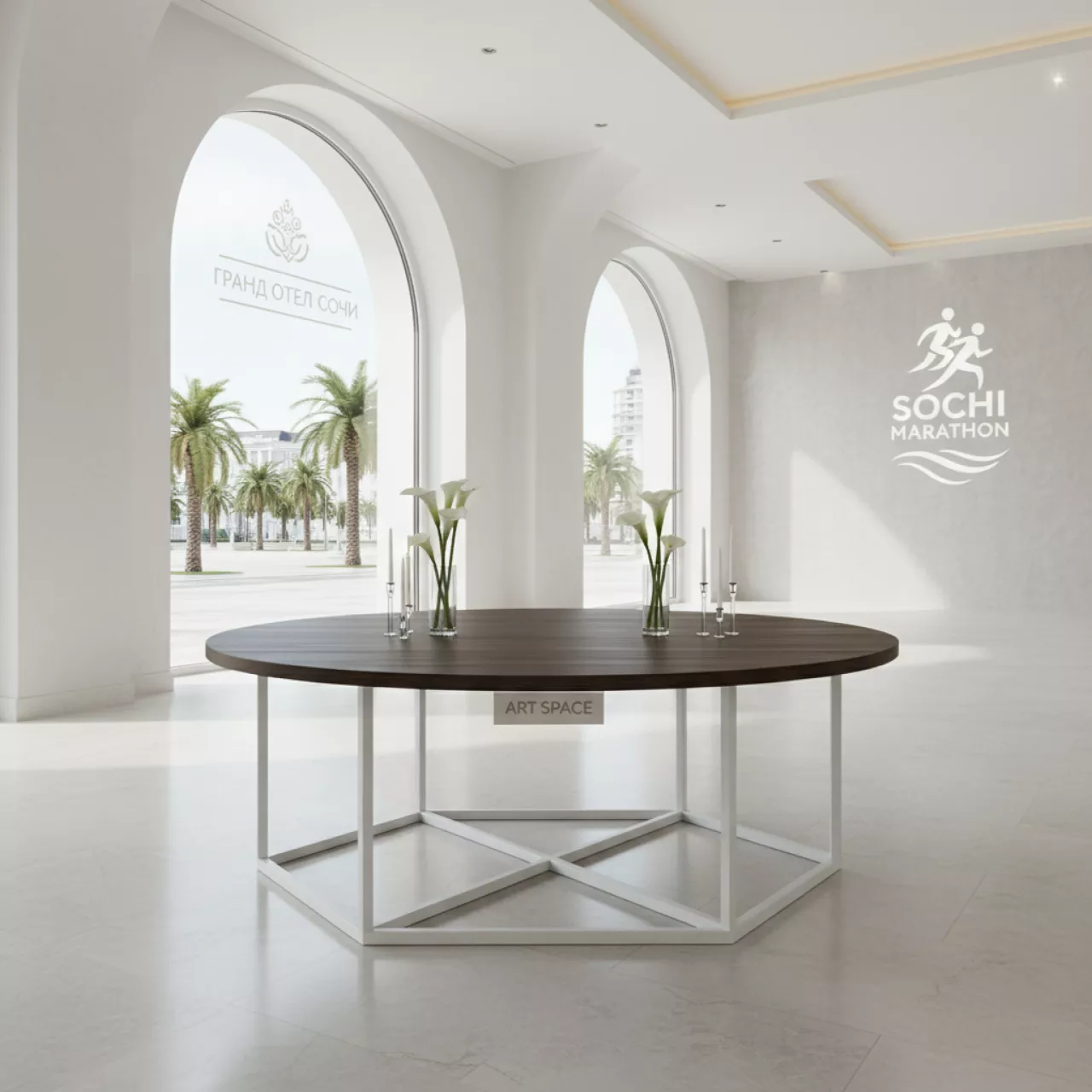 Аренда Стол Лидер 3 диаметр 1800 мм венге белый каркас в Гранд Отель Сочи — ART SPACE