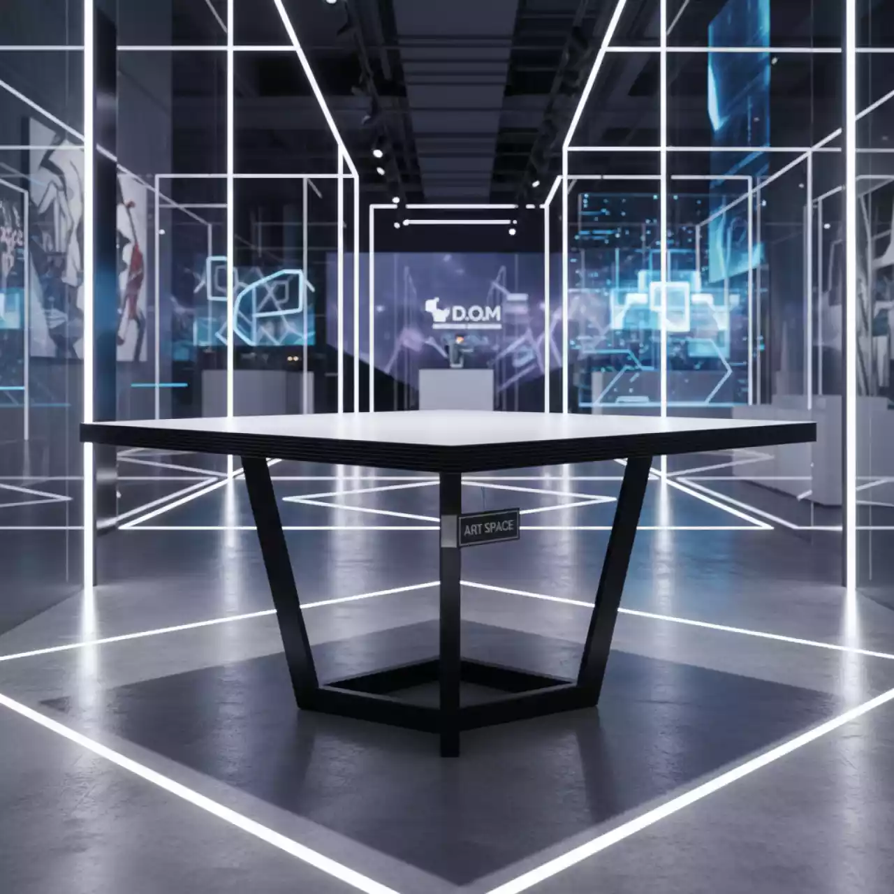 Аренда Стол Лидер 6 800х800 мм белый черная кромка черный каркас в ресторане «D.O.M» — ART SPACE