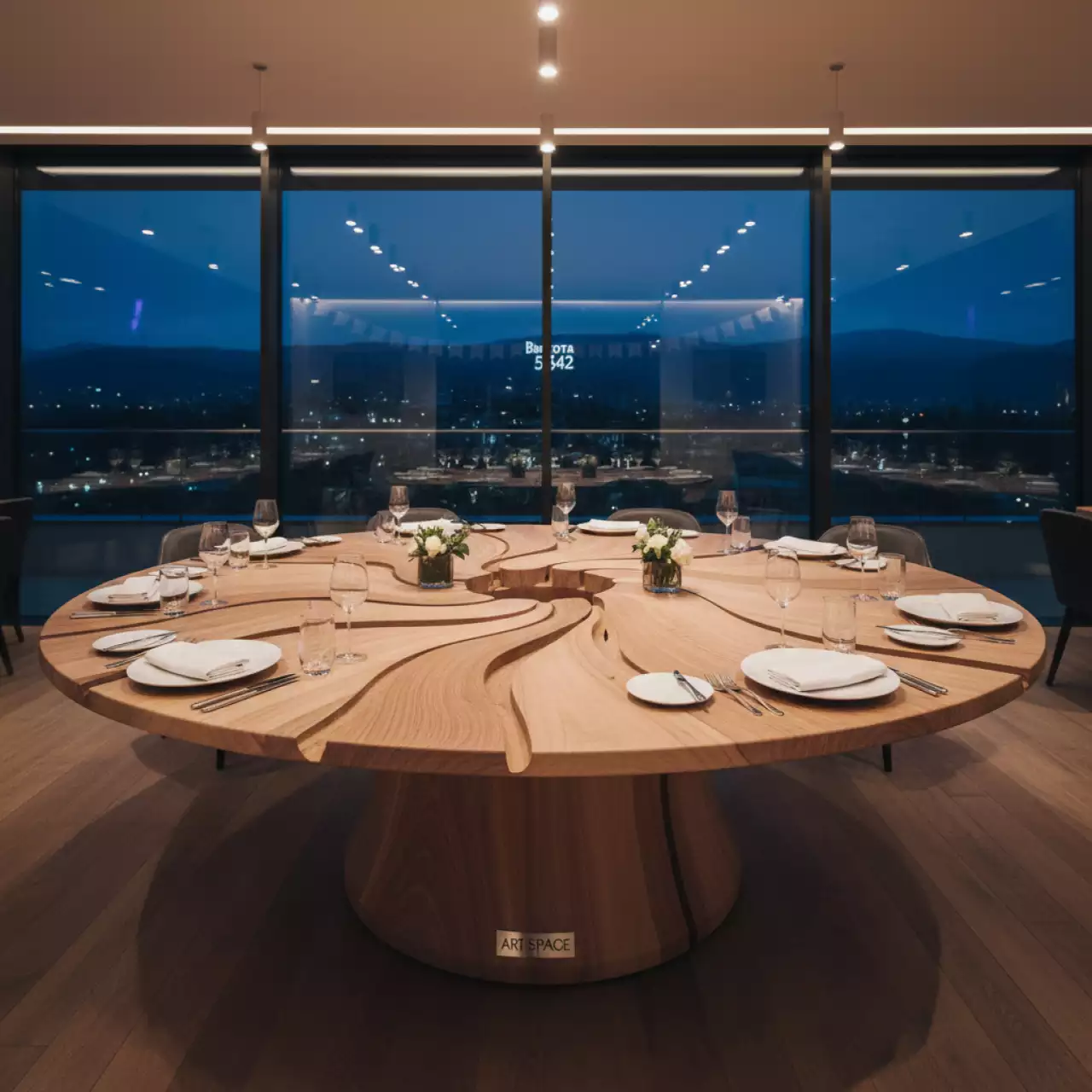 Аренда Стол Милан круглый Лента лиственница диаметр 140 см в ресторане «Высота 5642» — ART SPACE