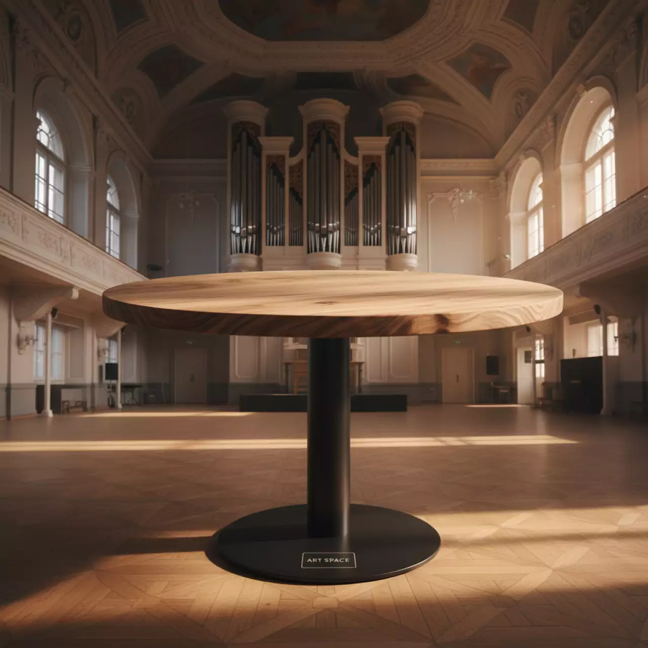 Аренда Стол Милан круглый Лента лиственница диаметр 70 см в Зале органной и камерной музыки — ART SPACE