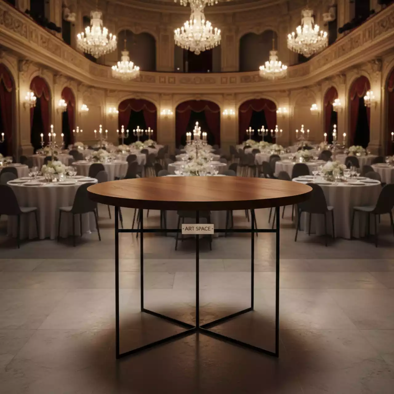 Аренда Стол Милан круглый Пруток мореный дуб диаметр 70 см в Зимнем театре — ART SPACE