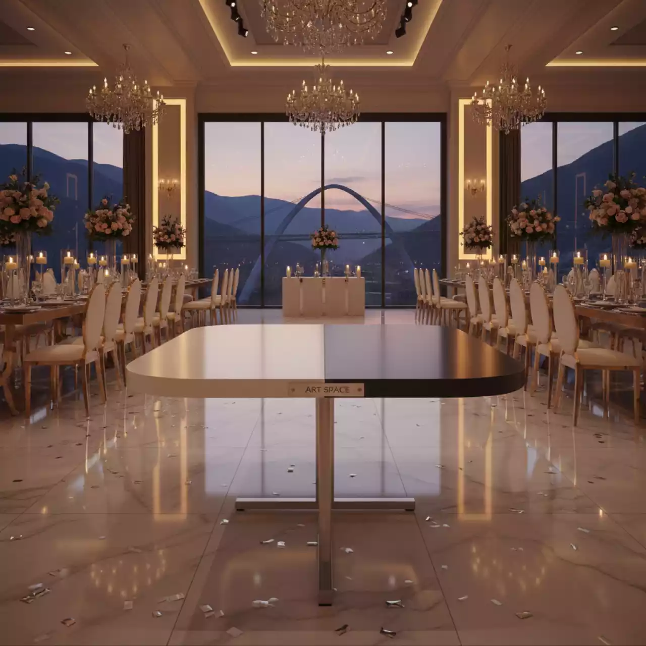 Аренда Стол мобильный складной радиусный белый антрацит 25 мм 160х70 в Skypark Sochi — ART SPACE