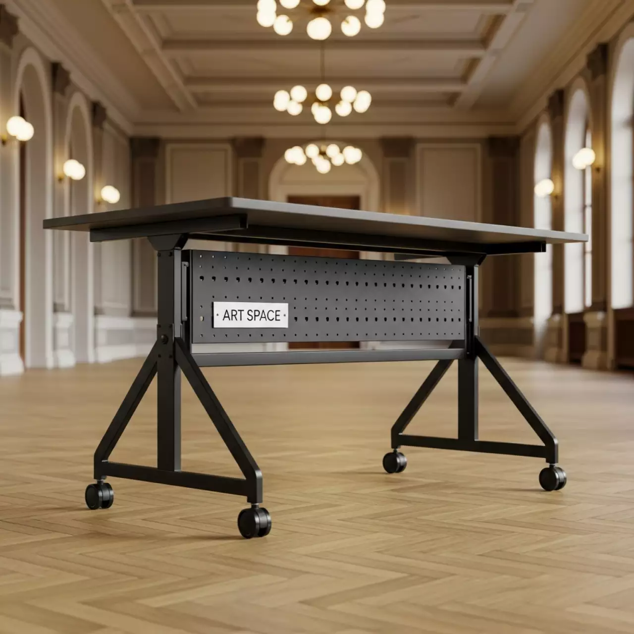 Аренда Стол мобильный складной радиусный серый антрацит 22 мм 140х70 см в Omega Sirius — ART SPACE