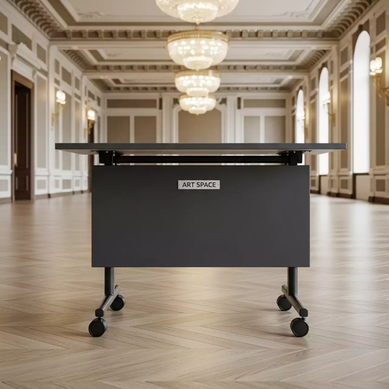 Аренда Стол мобильный складной радиусный серый антрацит 22 мм 140х70 в Boutique Hotel PORTUM 1905 — ART SPACE