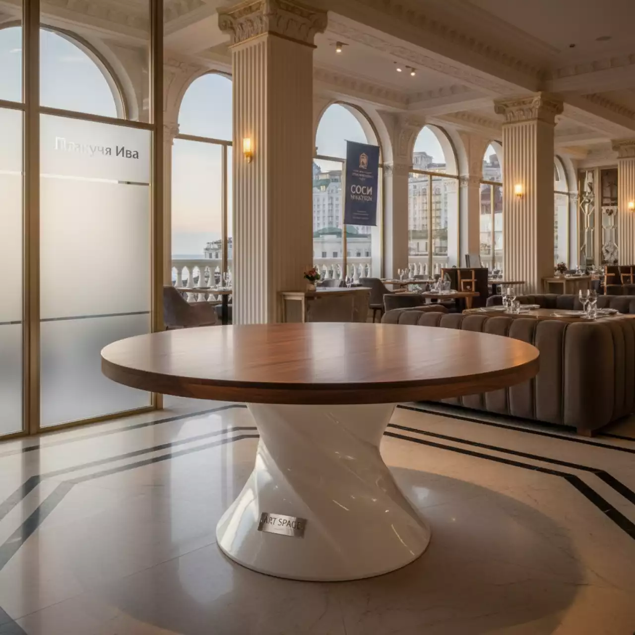 Аренда Стол обеденный Apriori T 120 американский орех белый в ресторане «Плакучая Ива» — ART SPACE