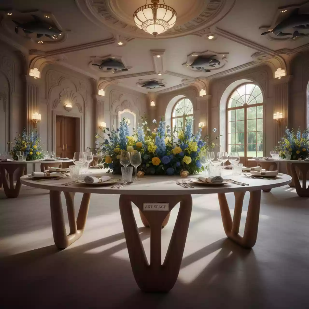 Аренда Стол обеденный BOSCO круглый белый натуральный в банкетном зале «Дельфин» — ART SPACE