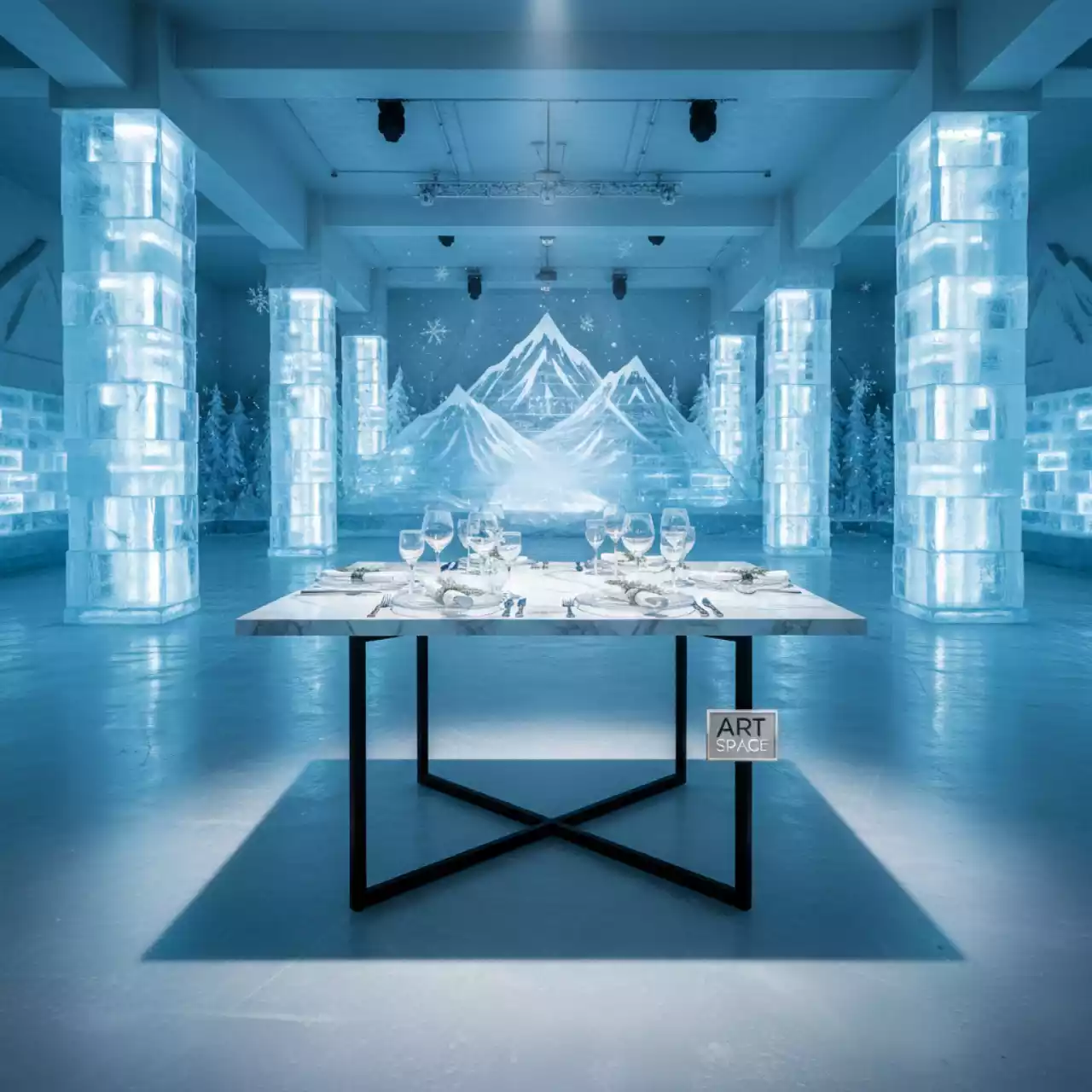 Аренда Стол обеденный Дакота 100х100 белый мрамор черные ножки в ледовом дворце «Роза Хутор» — ART SPACE
