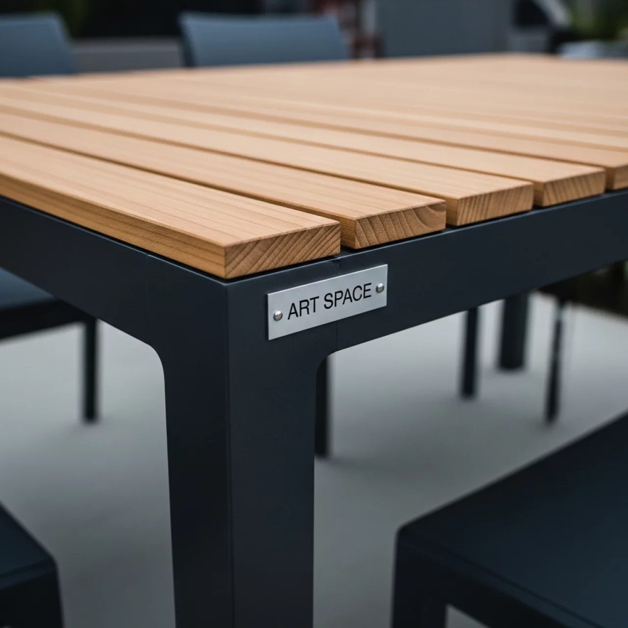 Аренда Стол обеденный Nora антрацит натуральный алюминий тик в пляжном клубе Del Mar — ART SPACE