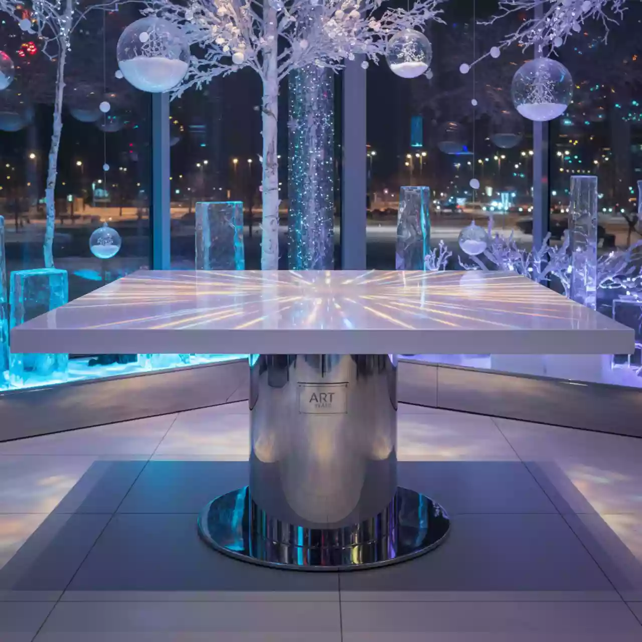 Аренда Стол обеденный Сатурн белый глянцевый в ресторане «Баран-Рапан» — ART SPACE