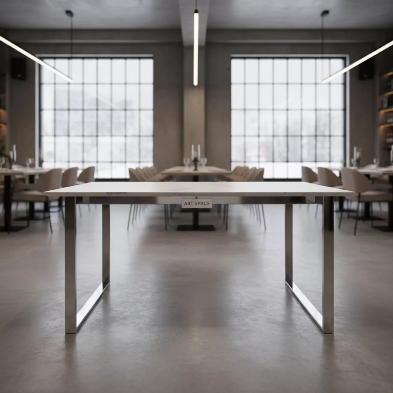 Аренда Стол обеденный Soap 2 180х90х76 бело серая керамика хром серебро в ресторане «Voda» — ART SPACE