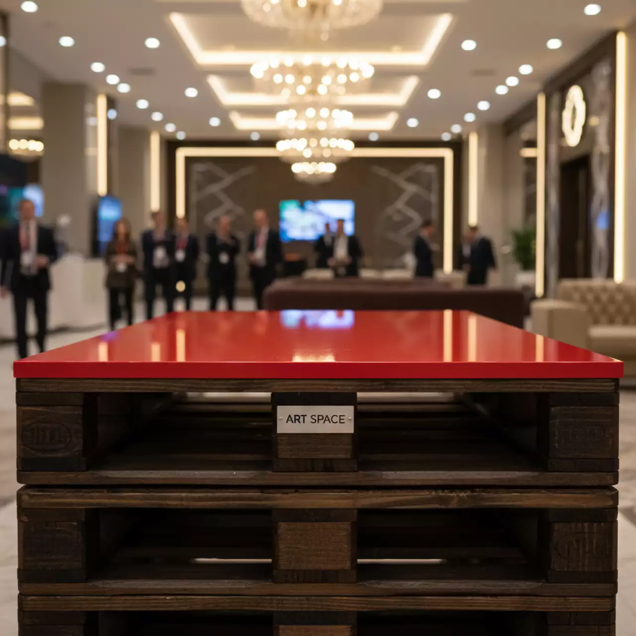 Аренда Стол обожженный из паллет с красной столешницей в казино «Сочи» — ART SPACE