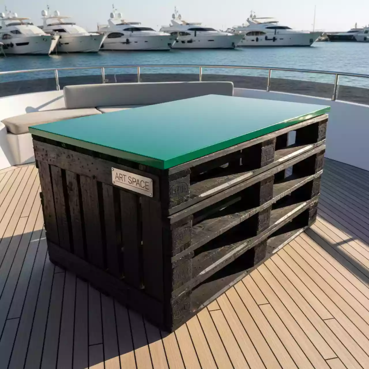 Аренда Стол обожженный из паллет с зеленой столешницей на VIP-яхте (Имеретинский порт) — ART SPACE