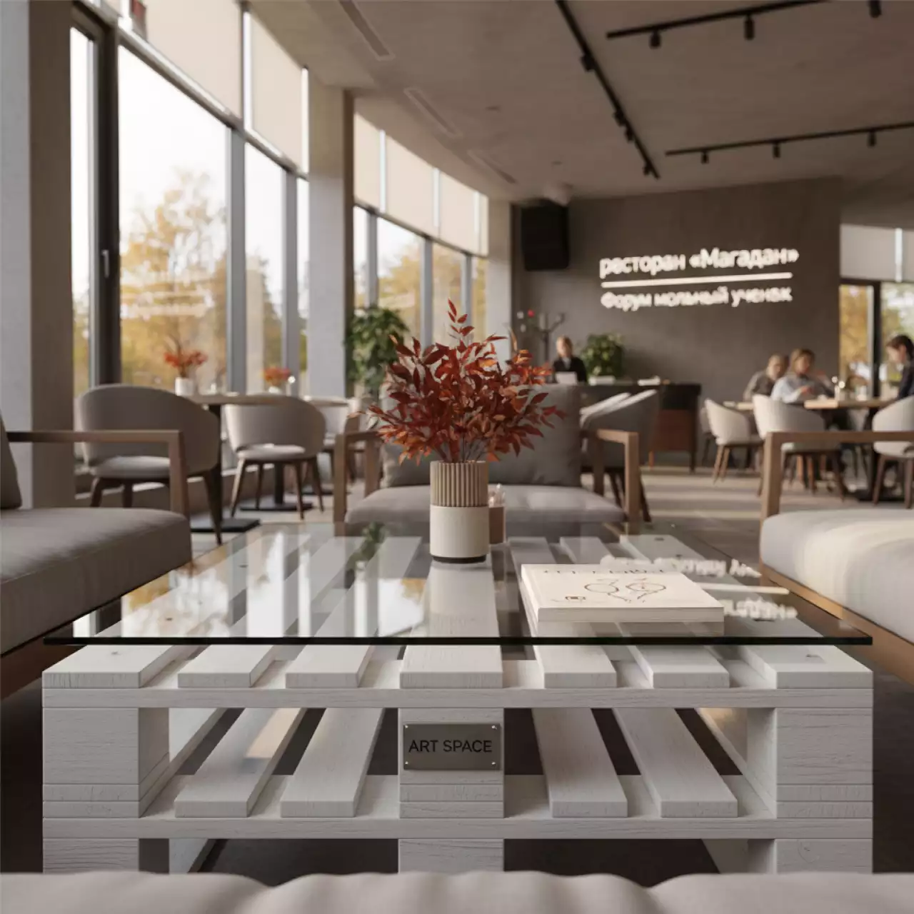 Аренда Стол паллетный белый с прозрачной столешницей в ресторане «Магадан» — ART SPACE