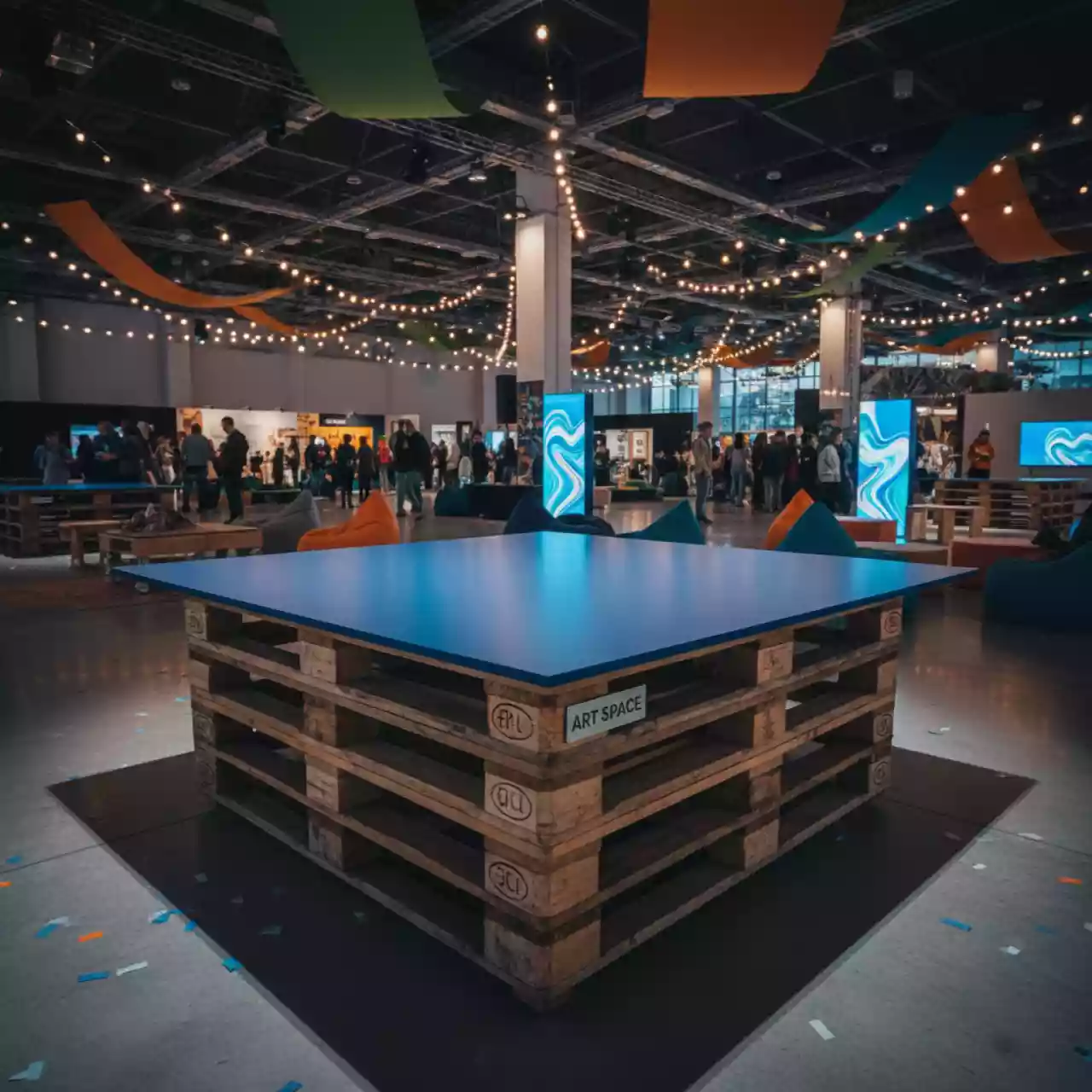 Аренда Стол паллетный деревянный с синей столешницей в зале «Чайка» (Морпорт) — ART SPACE