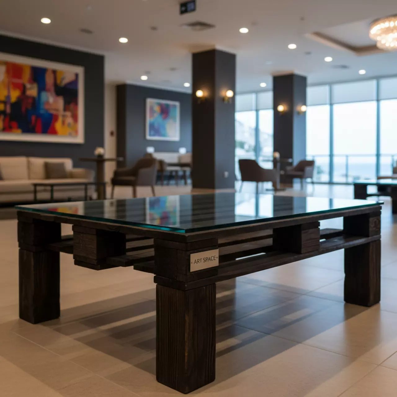 Аренда Стол паллетный обожженный с прозрачной столешницей в Cosmos Sochi Hotel — ART SPACE