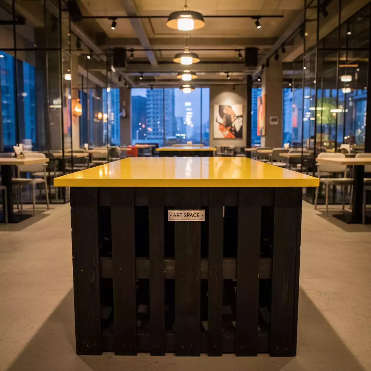 Аренда Стол паллетный обожженный с желтой столешницей в ресторане «D.O.M» — ART SPACE