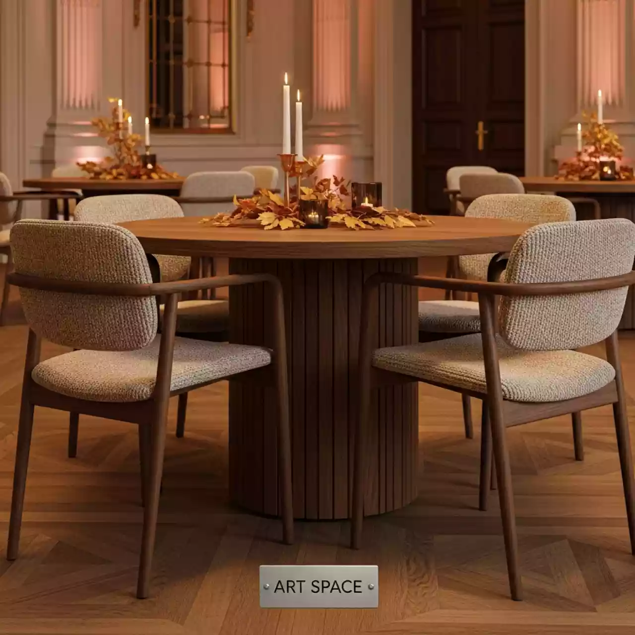 Аренда Стол Pawook К 100 натур со стульями Франк ПМ бежевая рогожка в банкетном зале «Дельфин» — ART SPACE