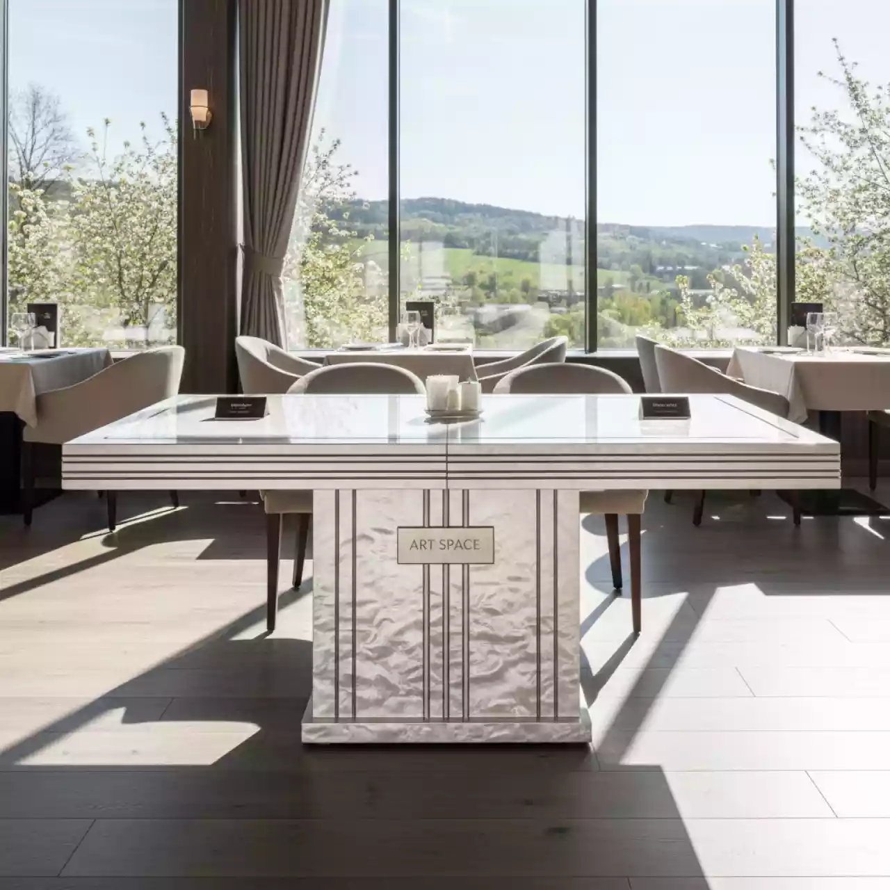 Аренда Стол раздвижной азул белый муар Лаки мини 800х300 мм в ресторане «Высота 5642» — ART SPACE