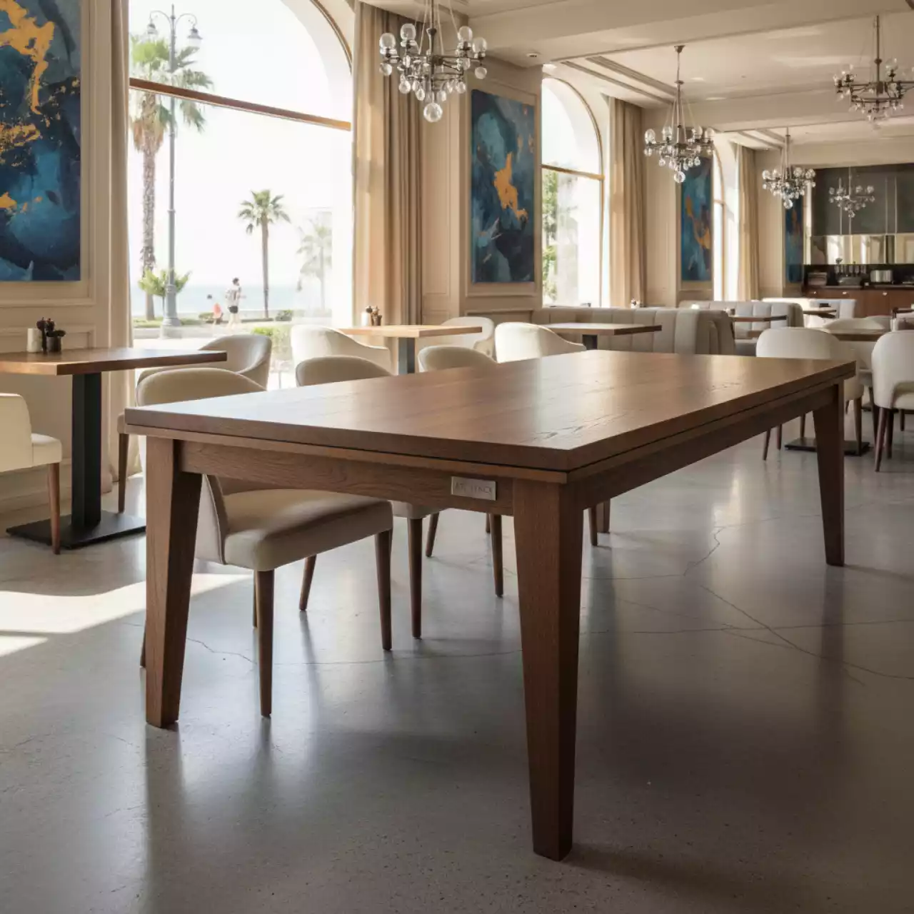 Аренда Стол раздвижной Сингай 160 220х80 дуб галифакс табак в ресторане «Баран-Рапан» — ART SPACE