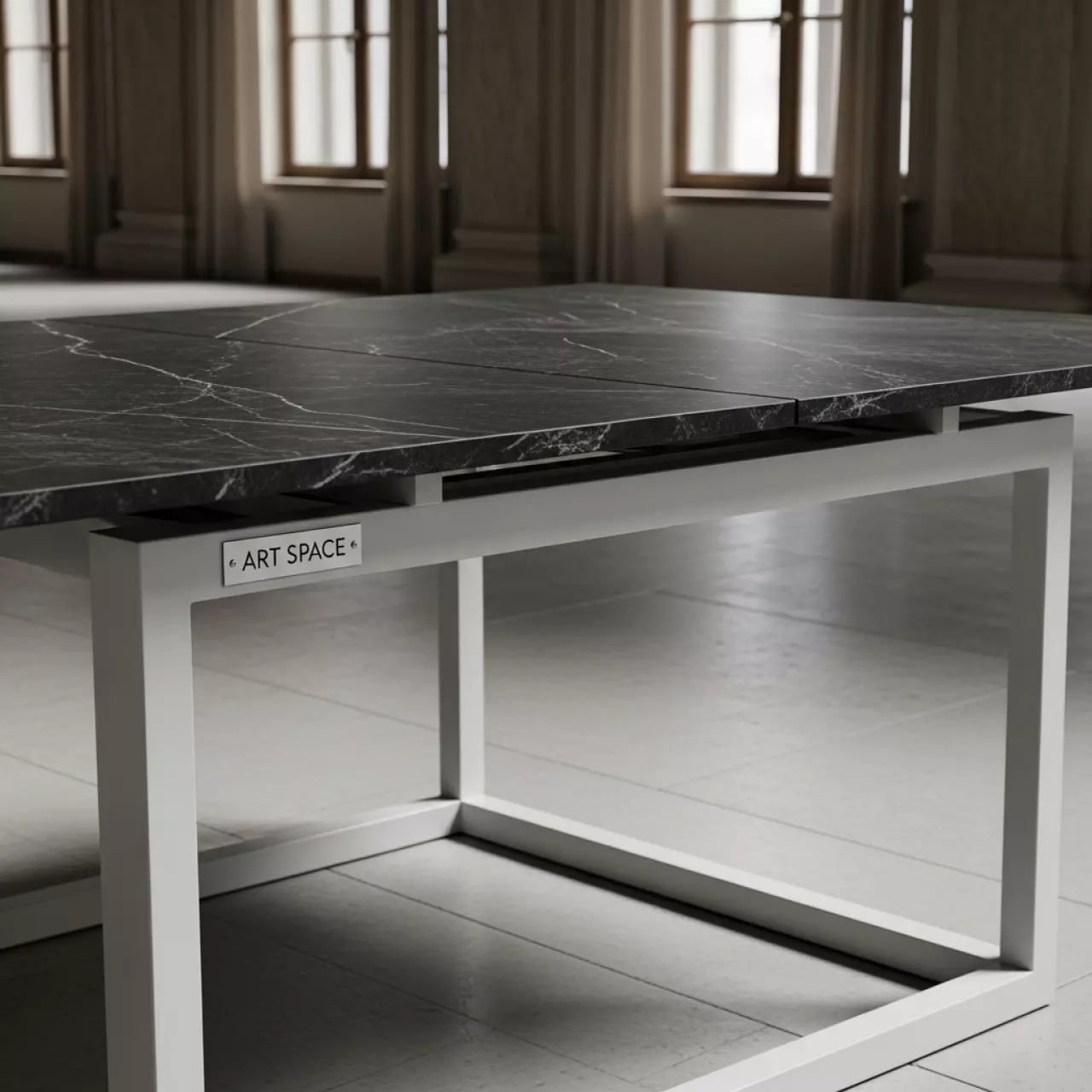 Аренда Стол раздвижной темный камень каркас белый Капри в этно-парке «Моя Россия» — ART SPACE