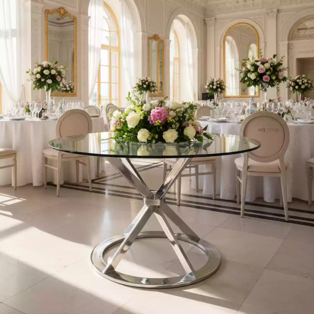 Аренда Стол Сальми стеклянная столешница Ø 105 см в банкетном зале «Дельфин» — ART SPACE