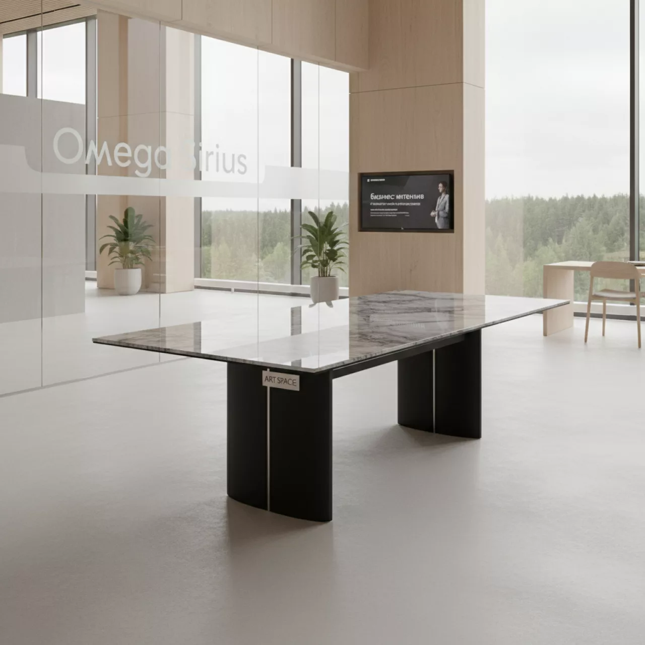 Аренда Стол стеклянный Вейв кристалл серый мрамор черный 140 200 х80 в Omega Sirius — ART SPACE
