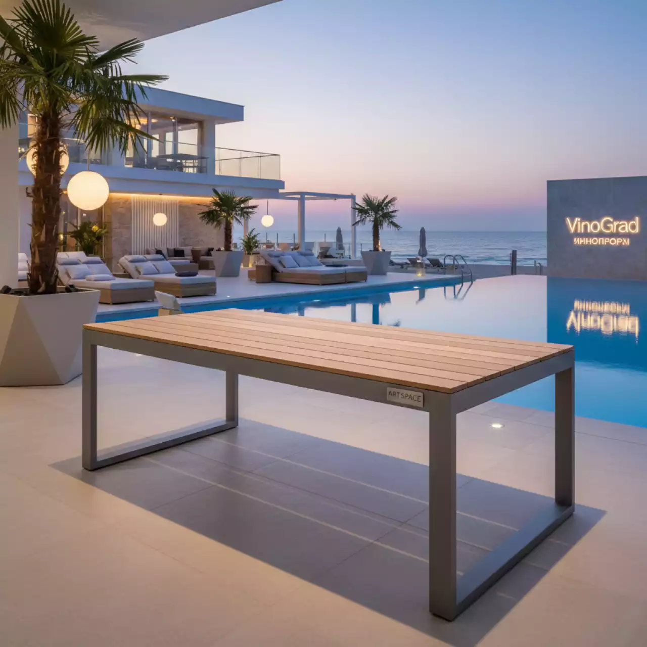 Аренда Стол уличный из реек Лидер 1 1500х800 серый белый в пляжном комплексе VinoGrad — ART SPACE