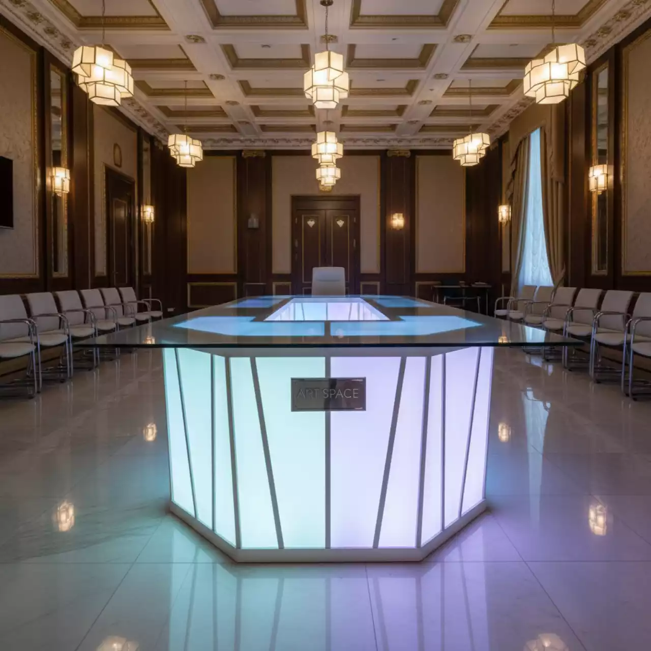 Аренда Стол витрина светящийся пластиковый со стеклом Splay Lighting в санатории «Октябрьский» — ART SPACE