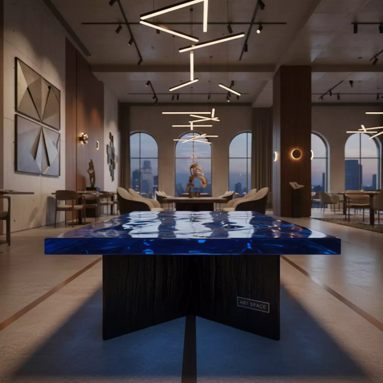 Аренда Стол журнальный обожженное дерево с синей столешницей в ресторане «Voda» — ART SPACE