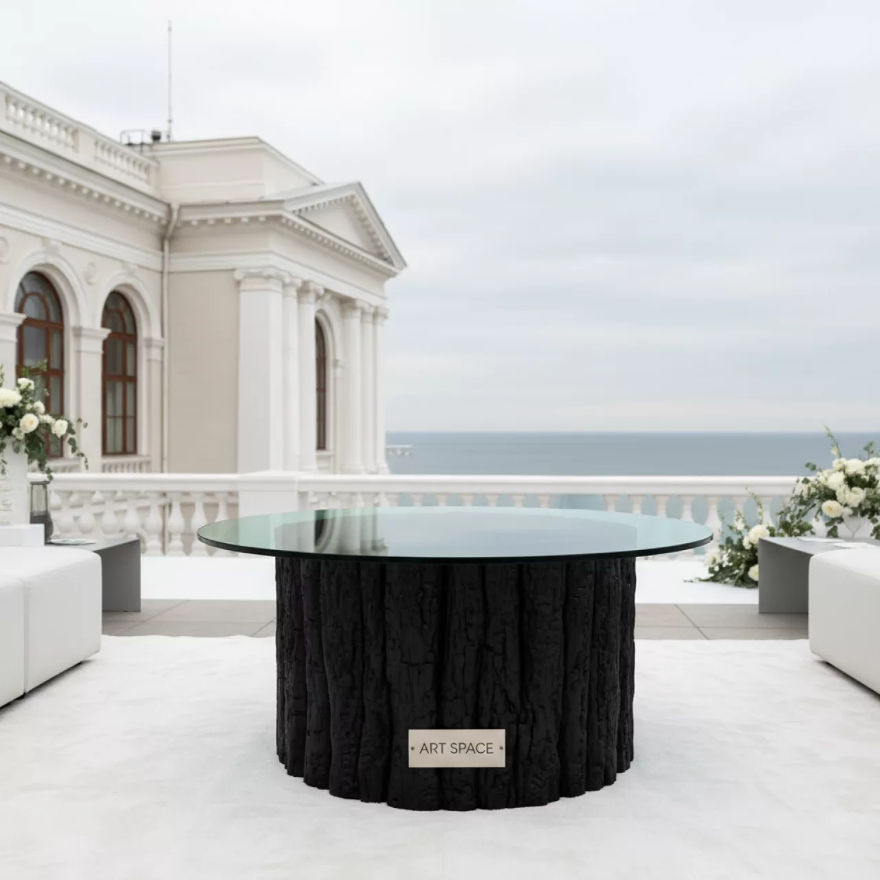 Аренда Стол журнальный обожженное дерево с зеленой столешницей на территории Морпорта Сочи — ART SPACE