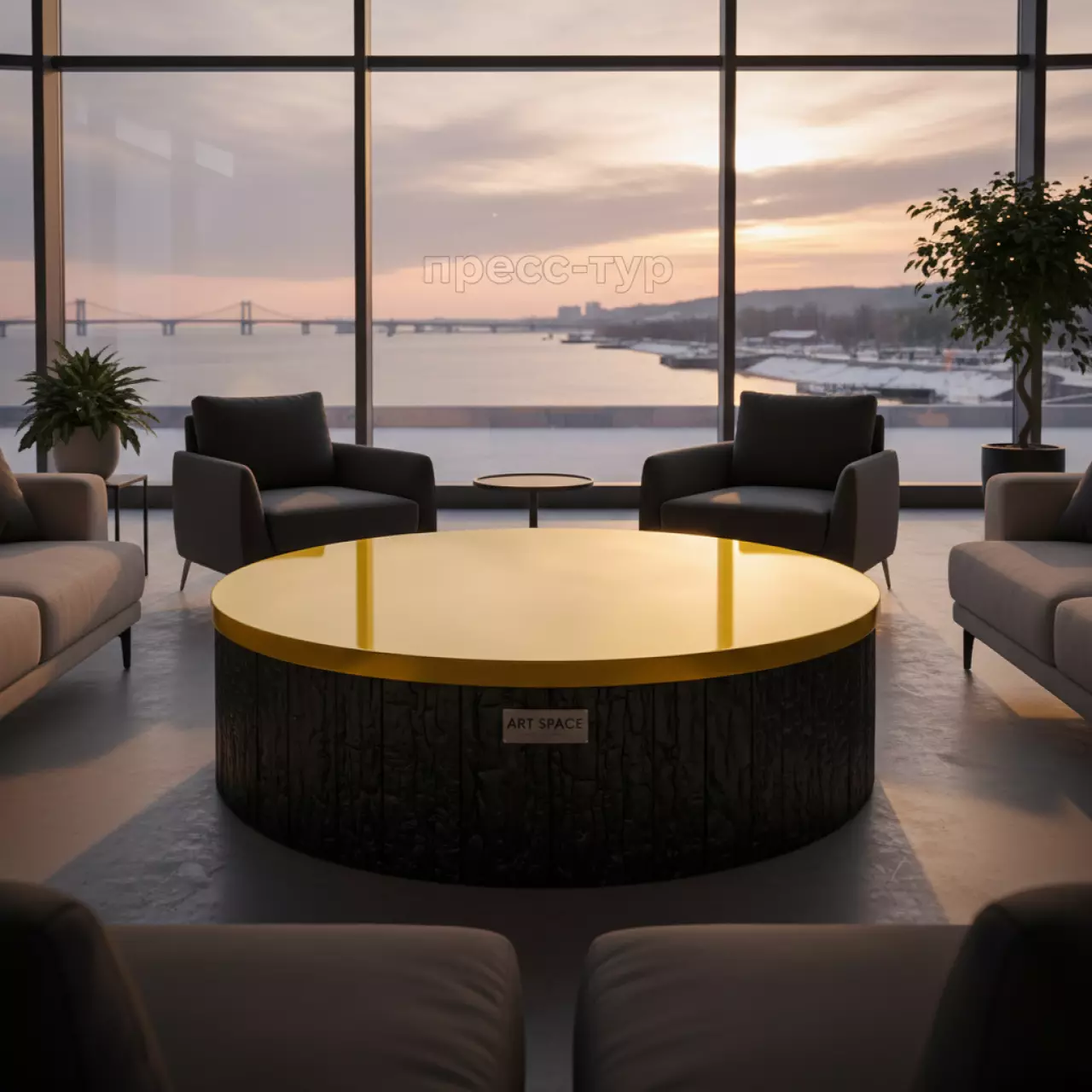 Аренда Стол журнальный обожженное дерево с желтой столешницей на Имеретинской набережной — ART SPACE