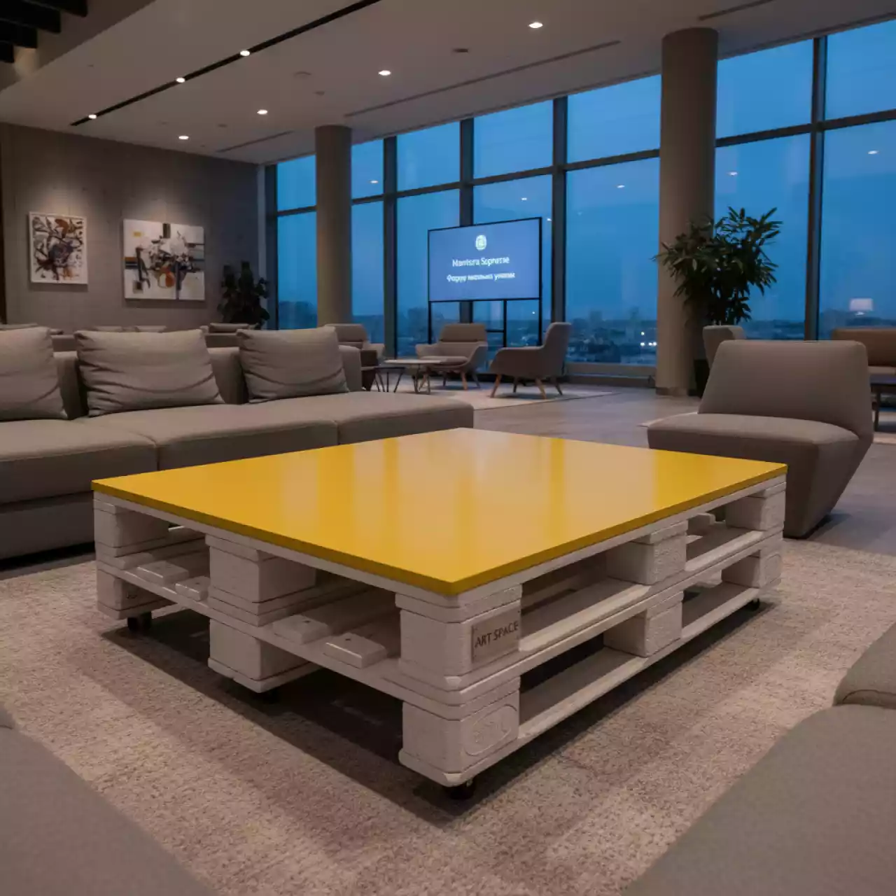 Аренда Стол журнальный паллетный белый с желтой столешницей в Mantera Supreme — ART SPACE