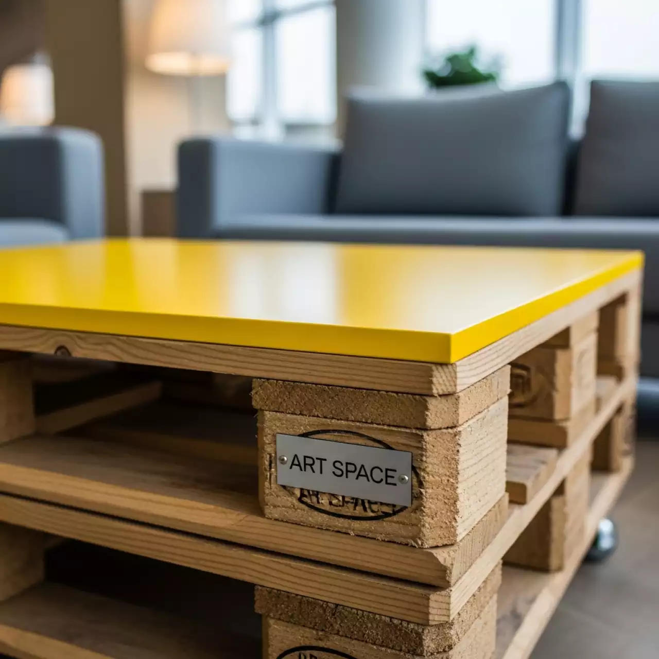Аренда Стол журнальный паллетный деревянный с желтой столешницей в Гранд Отель Сочи — ART SPACE