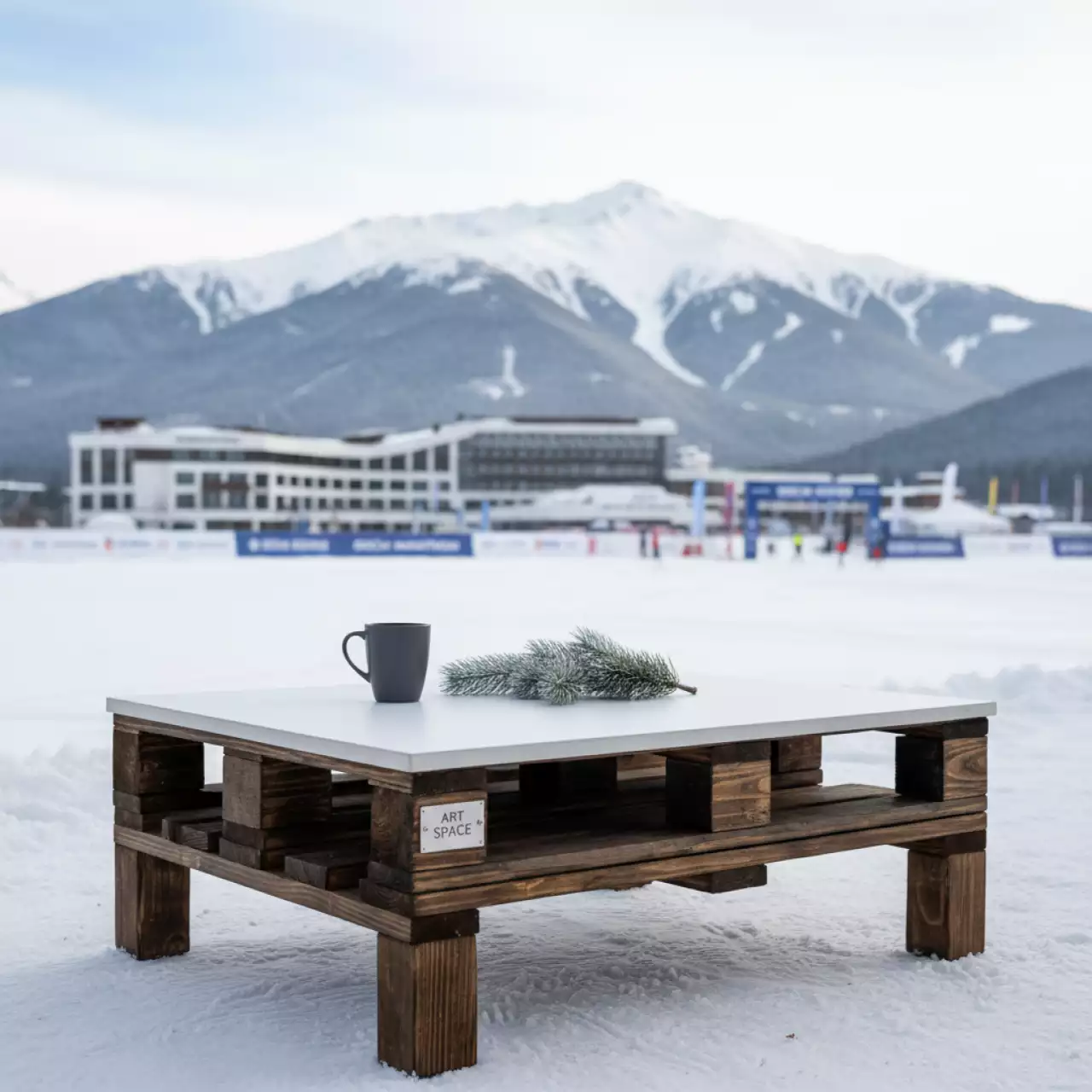 Аренда Стол журнальный паллетный обожженный с белой столешницей в Поляна 1389 Отель и Спа — ART SPACE