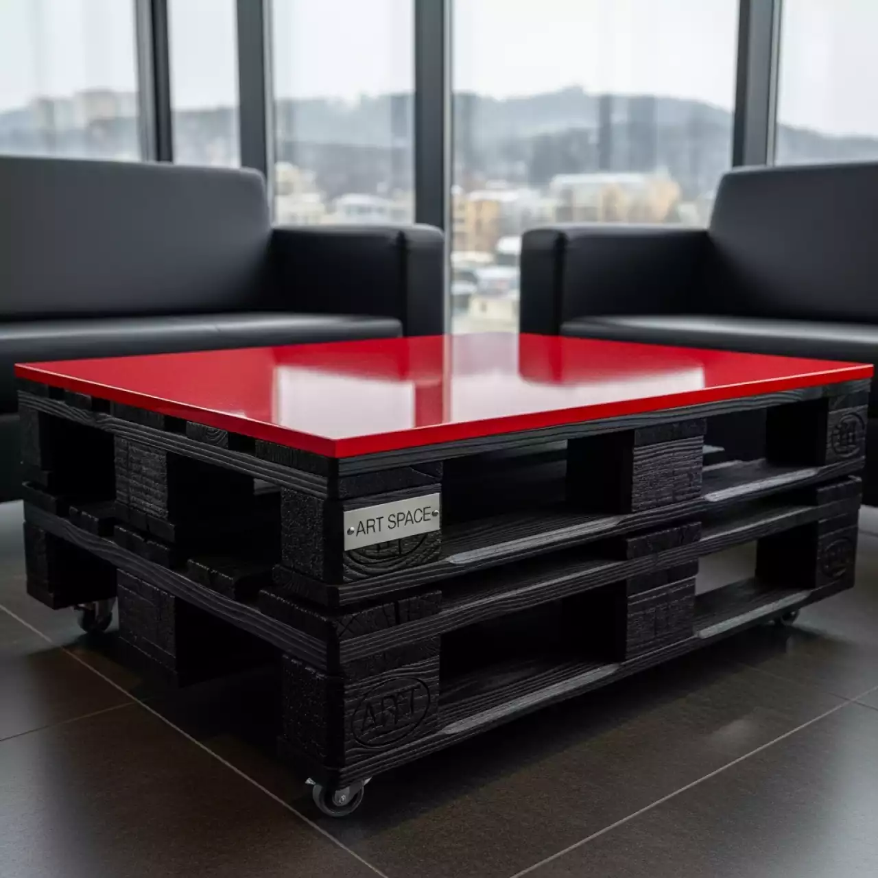 Аренда Стол журнальный паллетный обожженный с красной столешницей в санатории «Сочи» — ART SPACE