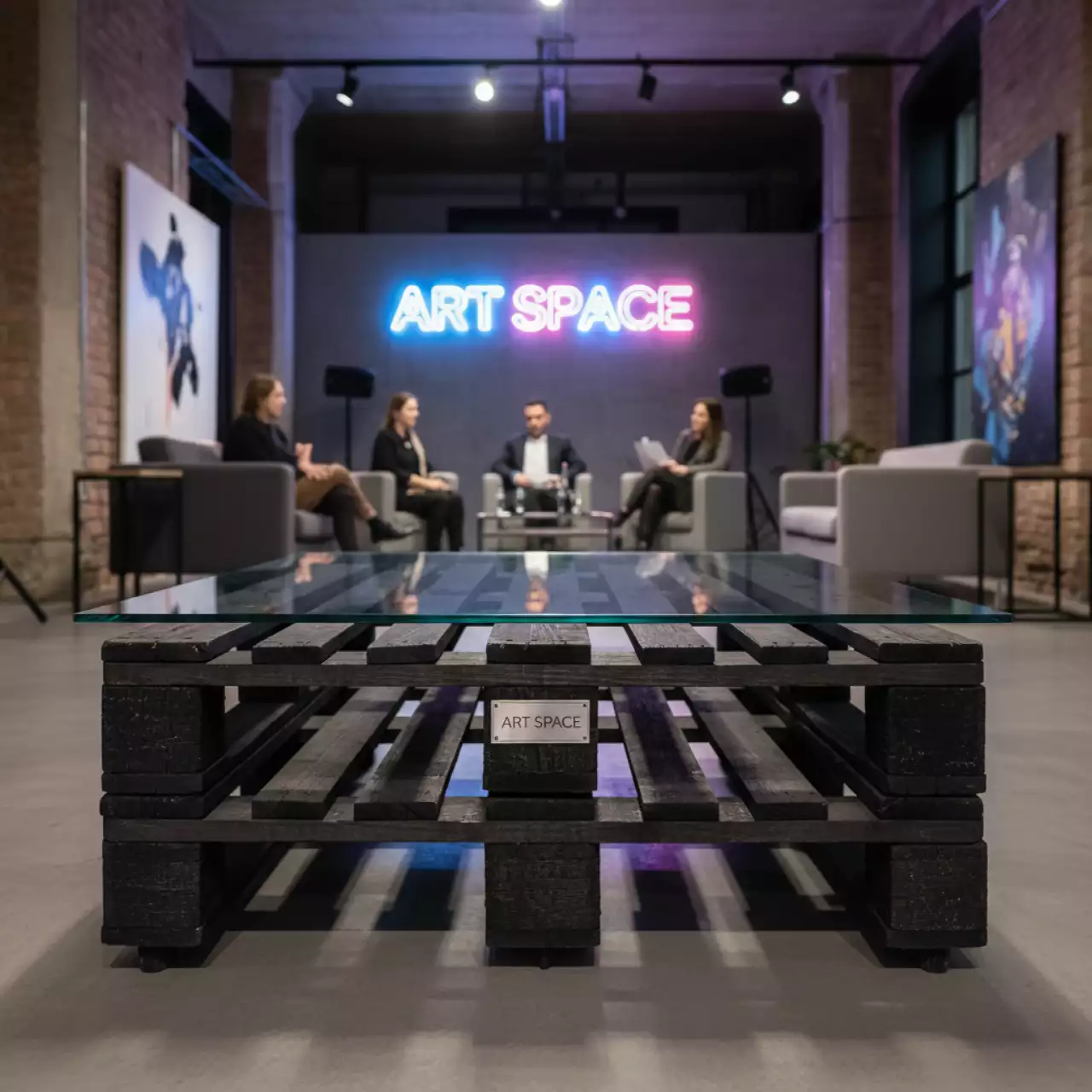 Аренда Стол журнальный паллетный обожженный с прозрачной столешницей в усадьбе Голицына — ART SPACE