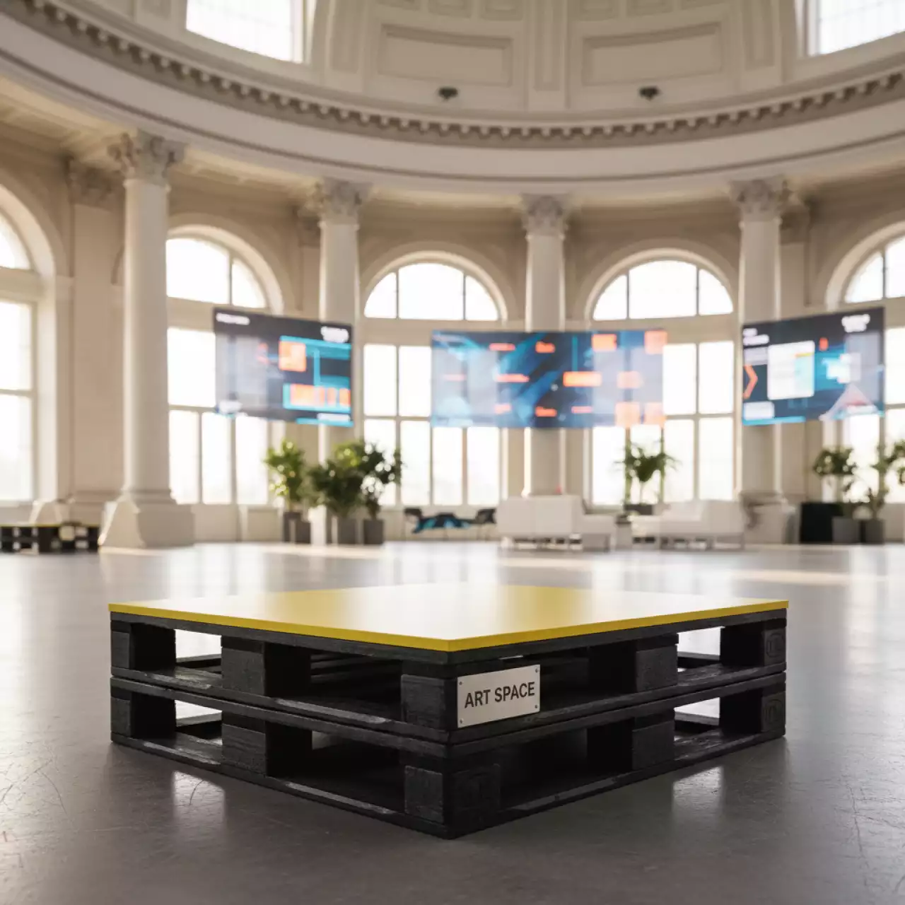 Аренда Стол журнальный паллетный обожженный с желтой столешницей в ледовой арене «Шайба» — ART SPACE
