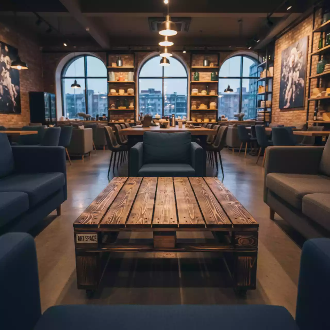 Аренда Стол журнальный паллетный обожженный в ресторане «Сыроварня» — ART SPACE