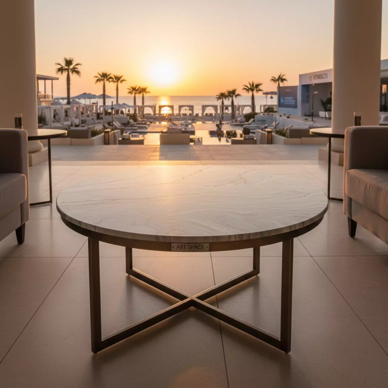 Аренда Стол журнальный Senafe керамика металл античная бронза в пляжном комплексе VinoGrad — ART SPACE