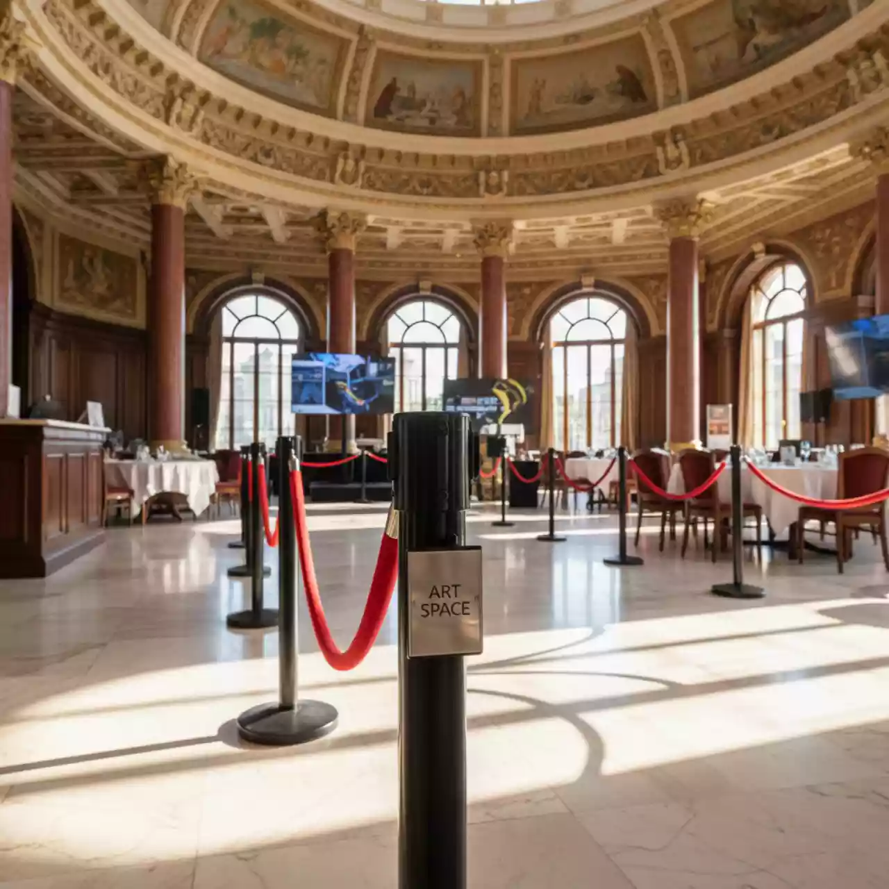 Аренда Столбик черный высота 88 см с красной лентой 2,5 м пластик и металл в ресторане «Высота 5642» — ART SPACE