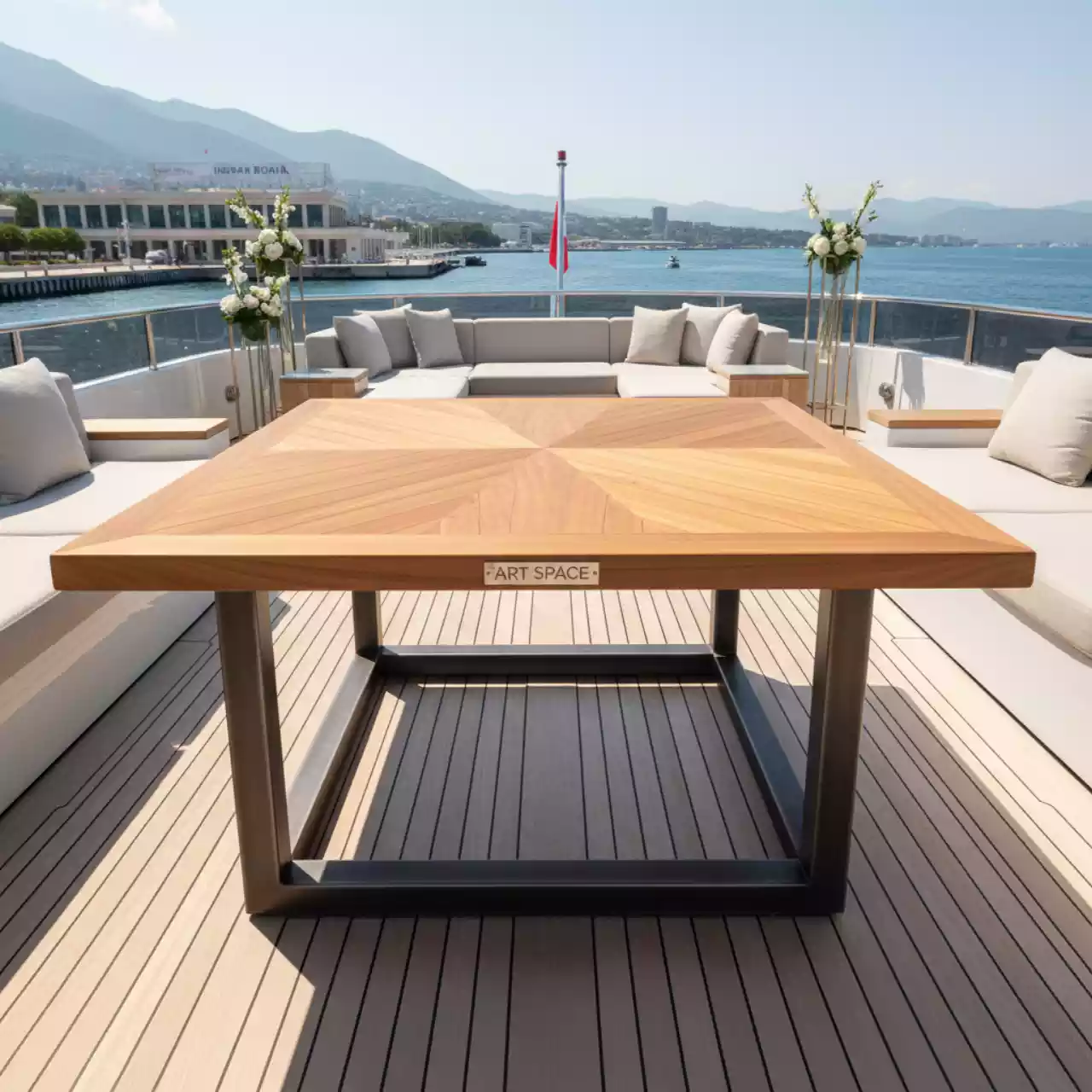 Аренда Столешница деревянная квадратная Natural Teak на VIP теплоходе (Морпорт Сочи) — ART SPACE