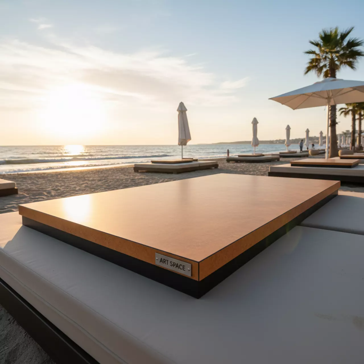 Аренда Столешница компактная оранжево коричневая Helsinki 120х80 на пляже «Мандарин» — ART SPACE